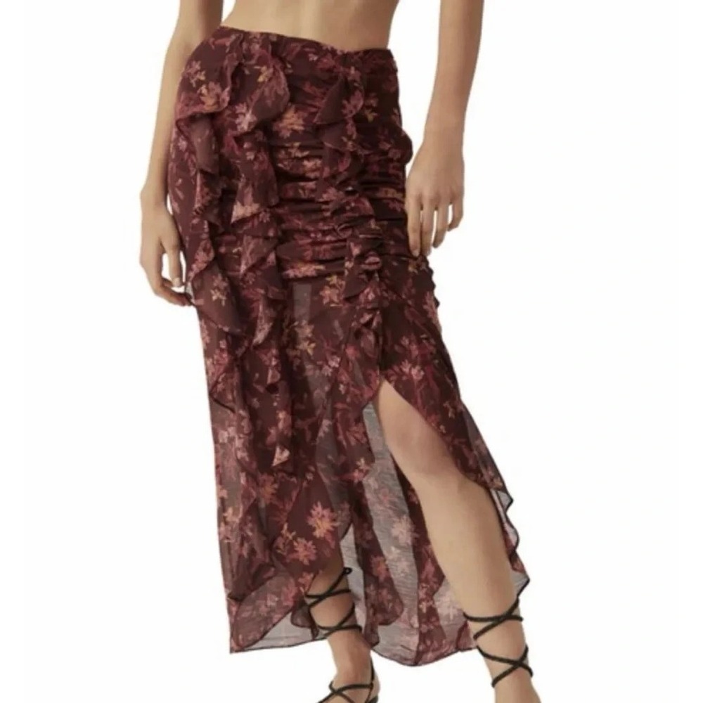Free People Flounce Around Maxi Skirt 10 Brown Floral Ruffle Asymmetrical Boho